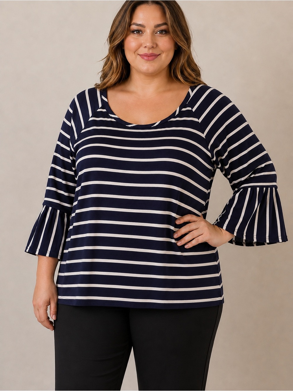 Roommates Navy and White Striped Bell Sleeve Tunic Top